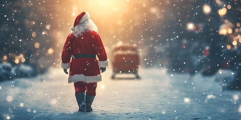 peaceful winter wonderland scene features Santa Claus walking through snowy landscape, surrounded by falling snowflakes and warm glow in background