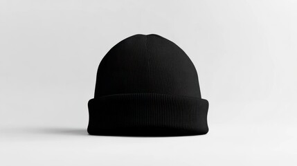 A blank black beanie hat is showcased against a pristine white background for design mockup purposes.