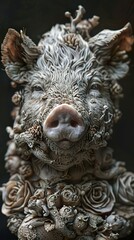 Obraz premium Detailed Pig Sculpture with Floral Accents