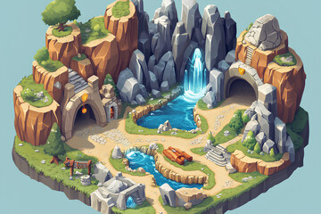 crystal cave map isometric game map 3d clyfy cartoon style, plain background