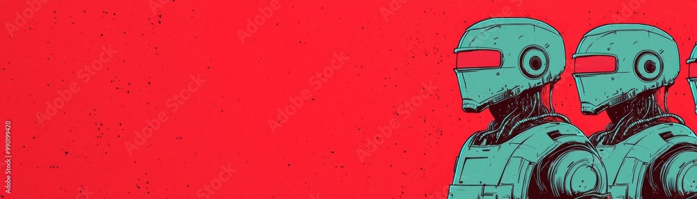 Poster futuristic robots stand against a bold red backdrop, blending technology and art in a striking visua