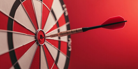 close up of dart striking bullseye on dartboard, showcasing precision and focus in vibrant setting. red and white colors create engaging visual impact
