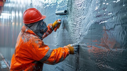 Worker in Protective Gear Applying Protective Coating to Surface