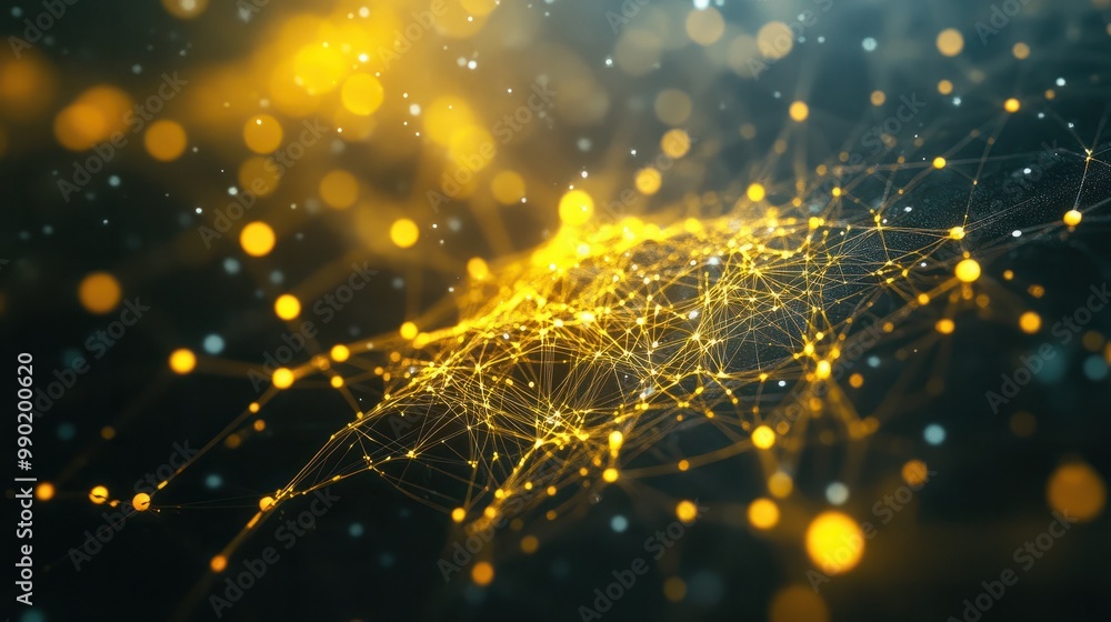 Poster abstract. yellow technology background of a quantum cyber network. artificial neuron generative ai