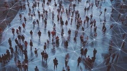 Aerial view of a crowd with a network of connections, generative ai