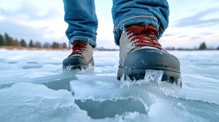 A person wearing hiking boots walking on a frozen lake, AI