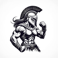 High-Resolution Illustration of a Muscular Spartan Warrior with a Unique Helmet, Transparent PNG