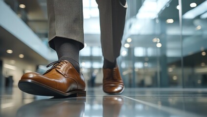 Fototapeta premium Feet of a businessman rushing in office corridor or open space because he is late to a meeting , man wearing brown suit show walking in modern office building