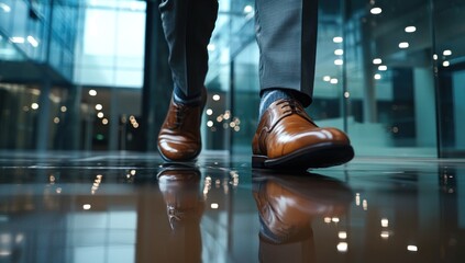Fototapeta premium Feet of a businessman rushing in office corridor or open space because he is late to a meeting , man wearing brown suit show walking in modern office building