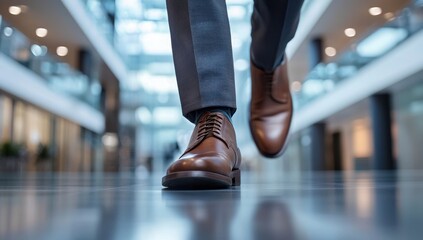 Fototapeta premium Feet of a businessman rushing in office corridor or open space because he is late to a meeting , man wearing brown suit show walking in modern office building
