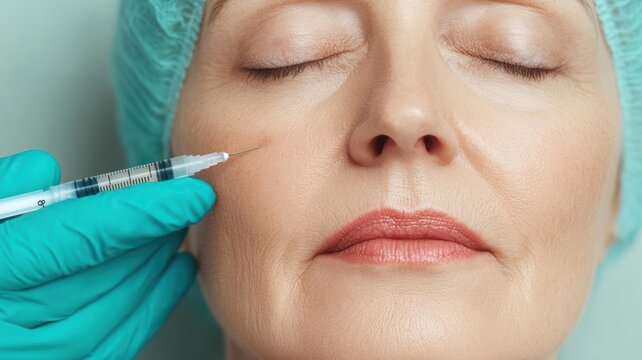 Surgeon applying dermal fillers to a middle-aged woman, restoring volume to cheeks and lips for a youthful glow, dermal fillers, youth restoration procedure