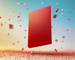 A vibrant red object floats above a colorful confetti background, creating a festive and energetic atmosphere.
