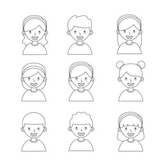 Children face doodle line symbol sign icon collection. outline style. isolated illustration