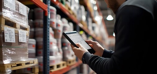 A professional reviewing inventory on a tablet in a warehouse filled with shelves of products.