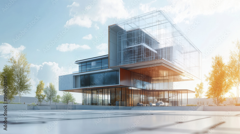 Poster modern architectural design featuring unique building structure with glass and metal elements, surro