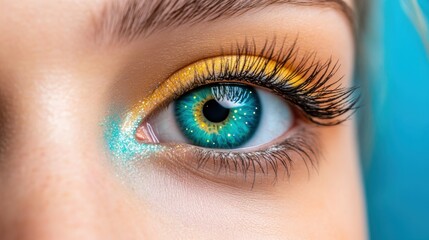 Obraz premium A close up of a woman's eye with bright blue and yellow makeup, AI