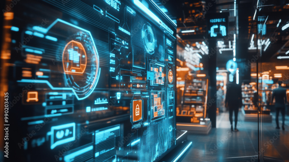 Poster futuristic digital interface displaying user behavior analytics and security features, illuminated w