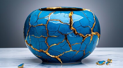 Elegant Blue Kintsugi Vase with Gold Detailing