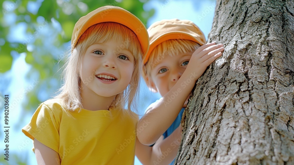 Canvas Prints Two children are leaning on a tree trunk with their hands, AI