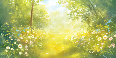 Summer meadow field background, empty space trees nature backdrop wallpaper, beautiful landscape, generated ai