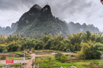 Fototapeta premium Autumn scenery of Xingping Mountain, Yangshuo, Guilin, Guangxi, China. Blue sky with copy space for text