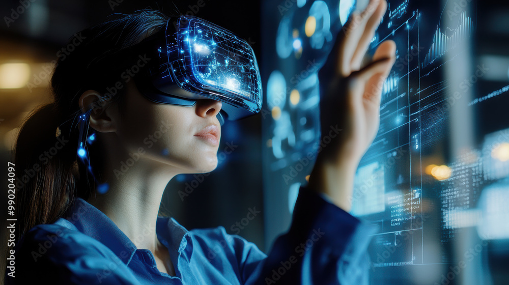 Poster immersed in virtual reality experience, woman interacts with digital data using advanced vr technolo