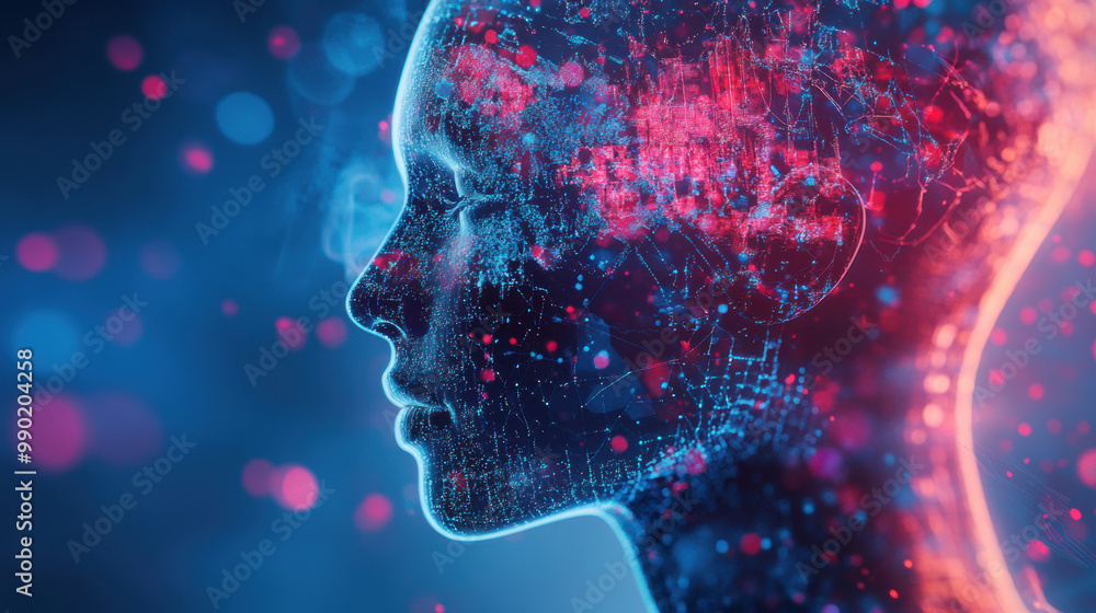 Poster image depicts futuristic representation of human head with digital, abstract design, showcasing vibr