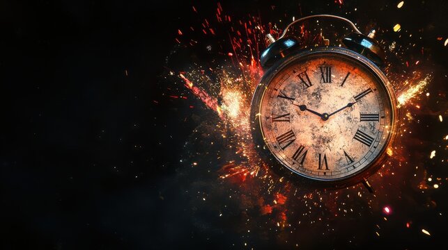 Clock exploding with colored fireworks on black background. New year midnight celebration. Abstract concept of the passage of time with copy space.