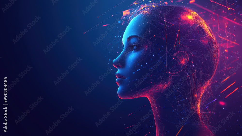 Poster futuristic digital portrait of woman with glowing lines and particles, representing advanced technol