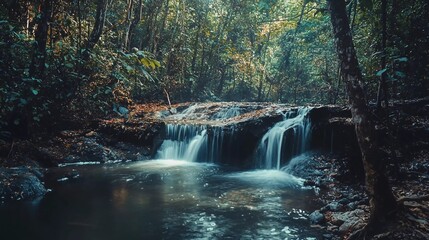 Fototapeta premium Panoramic beautiful deep forest waterfall in Thailand which is very impressive