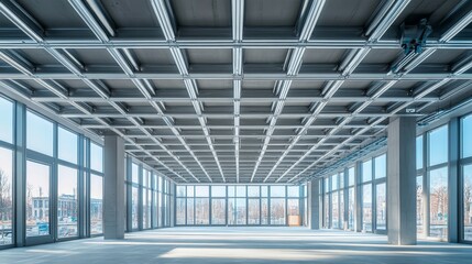 Obraz premium Metal ceiling frame installation for suspended ceiling, aluminum profiles in an unfinished room, modern industrial style, soft white lighting, high detail, realism