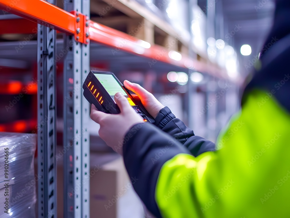 Poster a warehouse worker using a handheld device for inventory management in a modern storage facility. ef