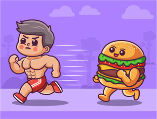 Illustration of a man with a six pack running because he was chased by a burger, he prefers sports and dumbbell training, making him fitter and healthier