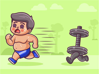 illustration of a fat man running chased by dumbbells, hates exercise/sport, prefers relaxing and junk food