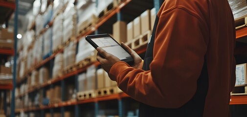 A worker using a tablet in a warehouse, surrounded by shelves filled with boxes, showcasing modern inventory management.