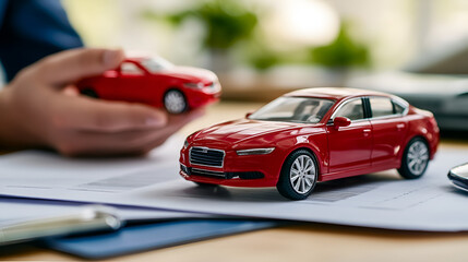 Business man's hand protecting red toy car on the desk. Planning to manage transportation finance costs. Concept of car insurance business saving buy-sale with tax and loan for new car.