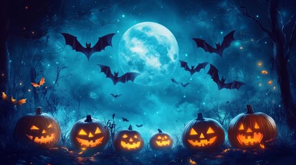 Fototapeta premium Halloween night spooky background with pumpkins and flying bats. Art cover horror night. October 31 holiday evening promotional artwork. Typography