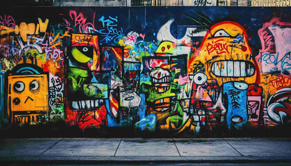 Obraz premium A graffiti-covered urban wall, showcasing vibrant colors, bold lines, and an edgy, artistic vibe