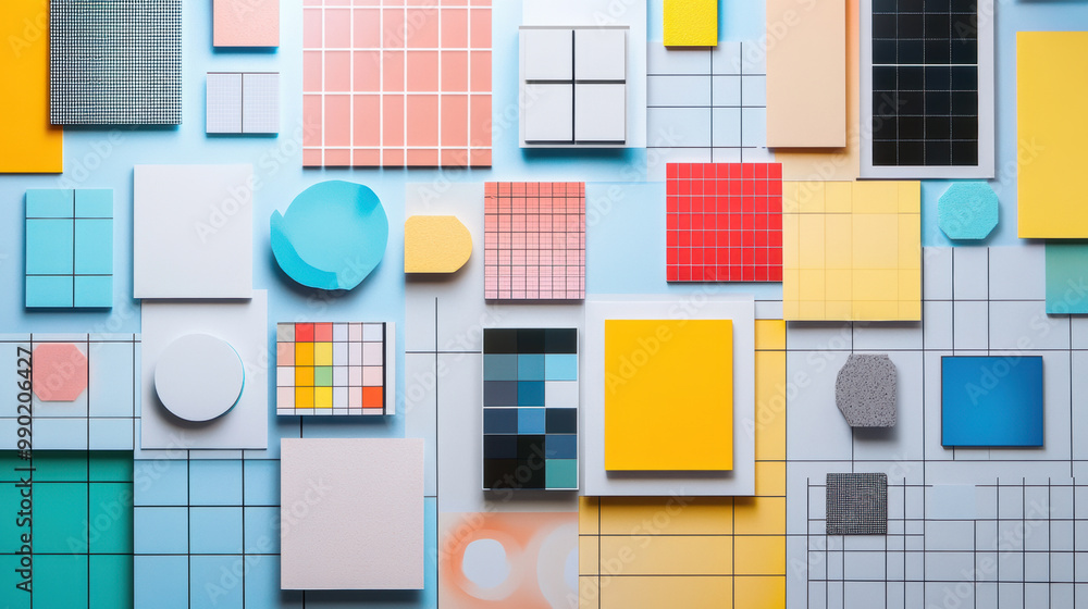 Poster colorful geometric shapes and patterns arranged on blue background create vibrant and artistic displ
