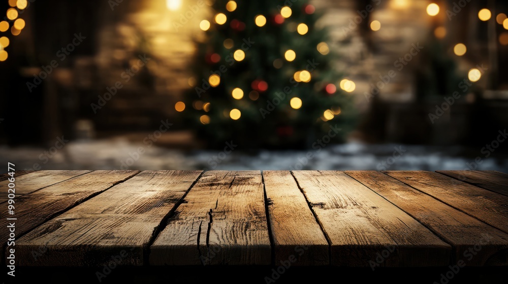 Poster empty wood table with christmas tree in the background copy space