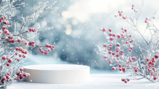 Empty podium, mock up placement display, blank beauty stand for cosmetic product fashion ads on minimal winter snow background