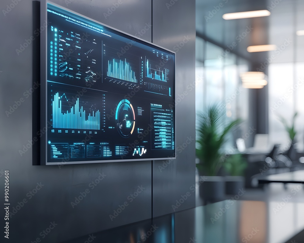 Poster modern office with a digital dashboard displaying analytical data on a large screen, representing te