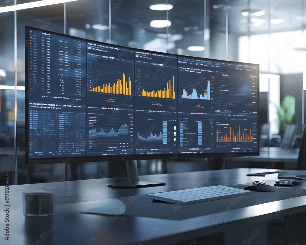 Poster an advanced workstation with a large curved monitor displaying detailed financial data and analytics