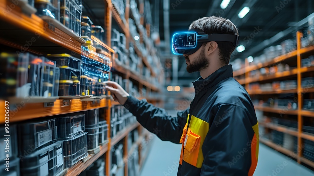 Poster a worker using virtual reality technology in a warehouse, interacting with inventory for improved ef