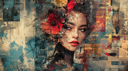 This artwork features woman with vibrant floral arrangement in her hair, blending traditional and digital art styles. colors and textures create captivating visual experience