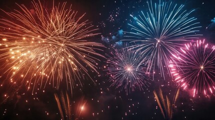 Fototapeta premium fireworks bursting in the night sky with a dark, clear background, leaving space at the bottom for countdown text or logos