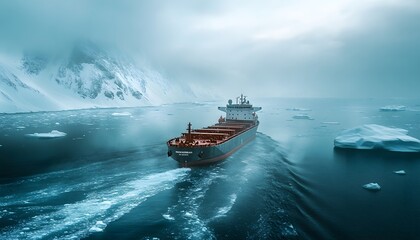 Fototapeta premium A cargo ship navigates through icy waters, surrounded by fog and drifting icebergs in a desolate, chilly landscape.