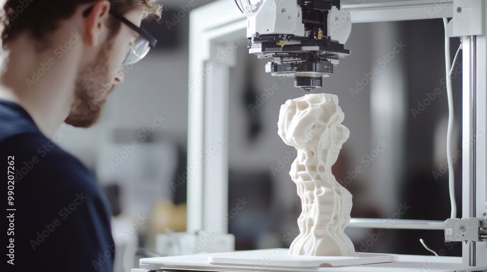 Poster creating intricate 3d printed objects, man observes process with focus and curiosity. advanced techn