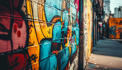 Obraz premium A graffiti-covered urban wall, showcasing vibrant colors, bold lines, and an edgy, artistic vibe