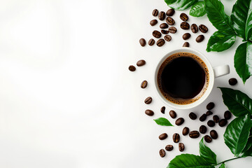 Cup of black coffee with beans and leaves